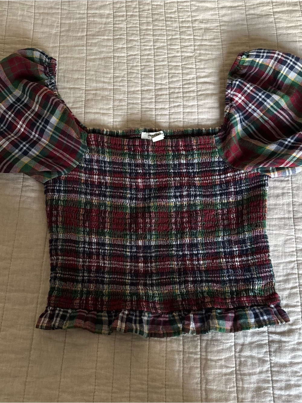 American Eagle Outfitters Red Green Plaid Smocked Puff-Sleeve Crop Top